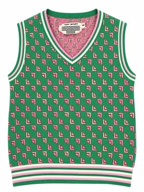 Tory Sport Green V-Neck Knit Vest with Pink and White Accents